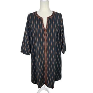 J.Jill Elements Embroidered Ikat Midi Dress Neutral Sz LP Boho Chic Eclectic